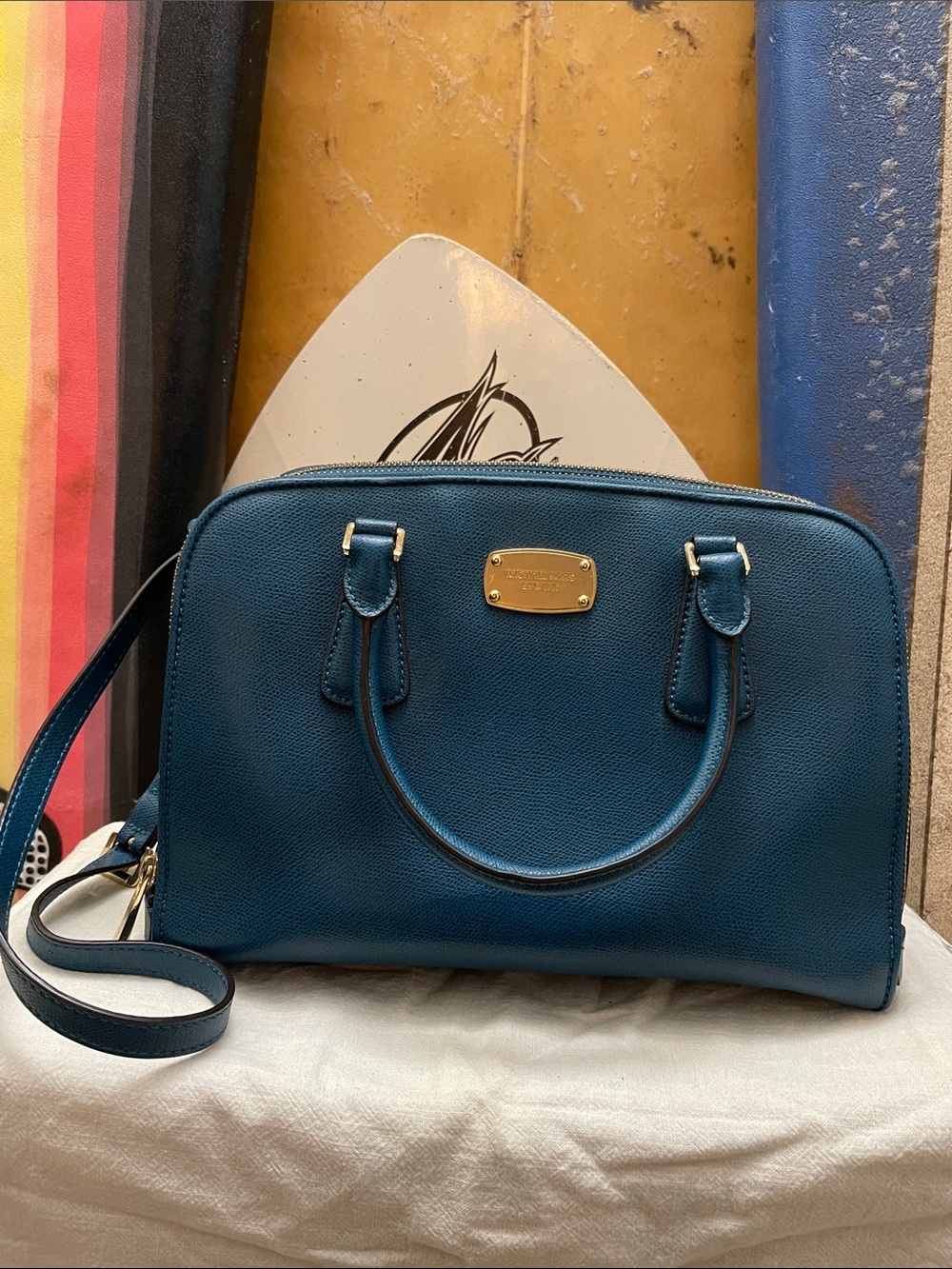Michael Kors Teal Pebble Leather Satchel with Gold Plaque